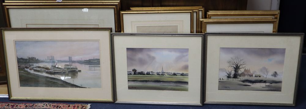 English School, pair of watercolours, Church in sunlight and Oasthouses, indistinctly signed, 25 x 35cm and a watercolour by another ha